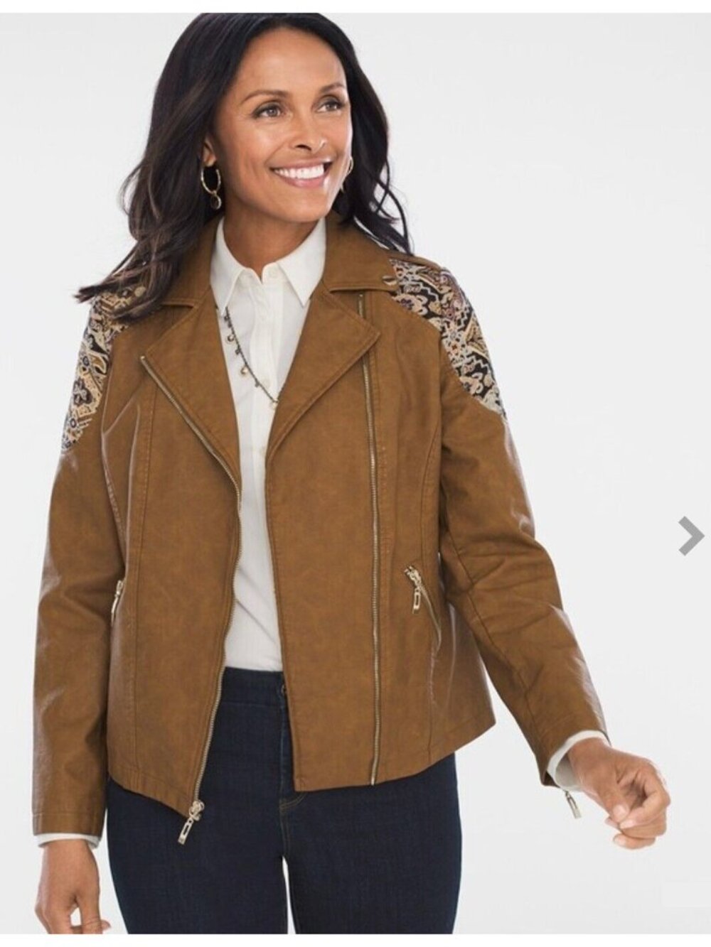 CHICOS 4 Brown Jacquard Moto Jacket Faux Leather Southwestern Womens Size 2x